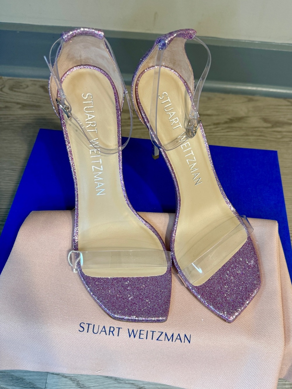 Stuart Weitzman Lavender Pink Glitter Clear-Strap Heels
